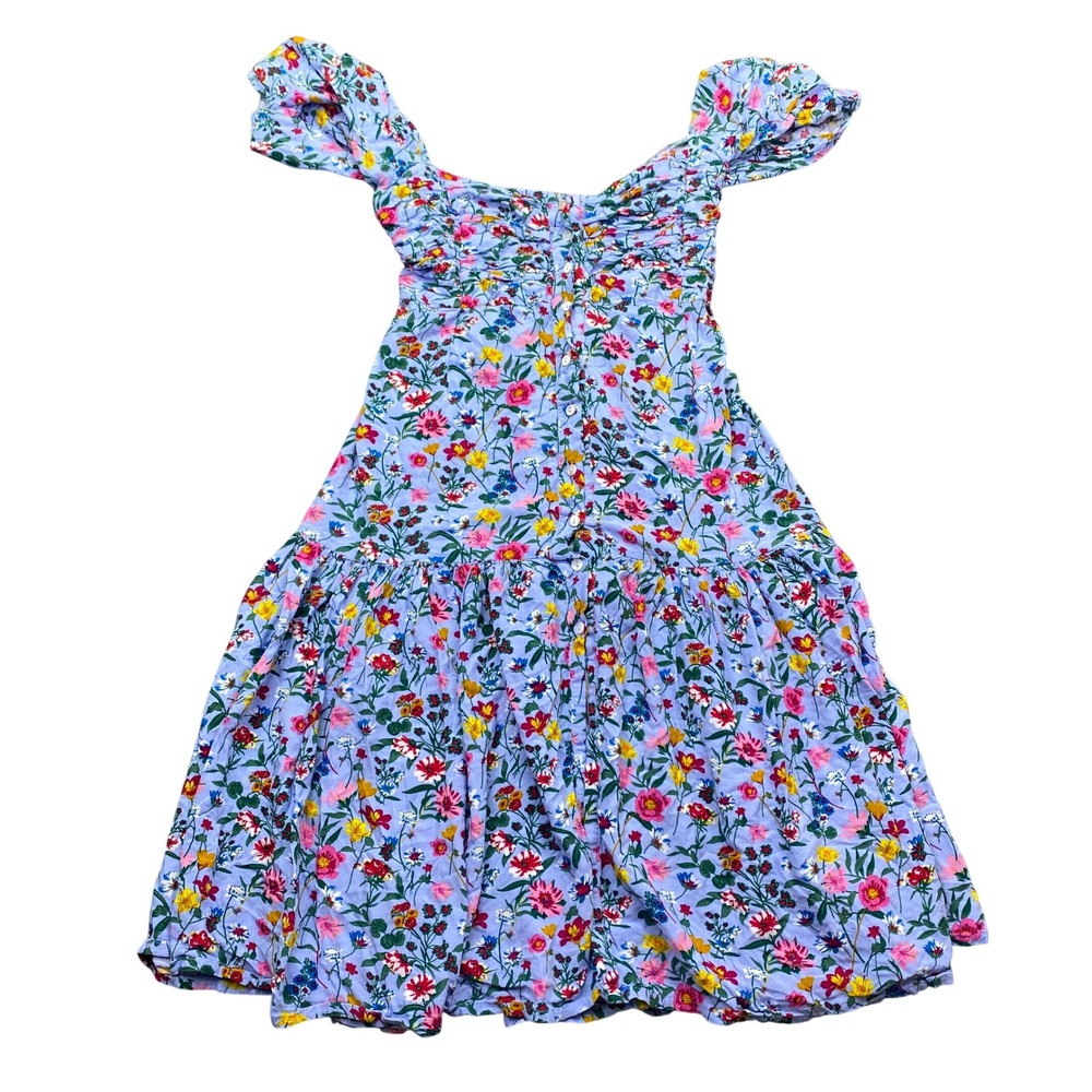ELF Bali Lilit Midi Dress Handmade Blue Floral Rayon Milkmaid XL Ruched Smocked